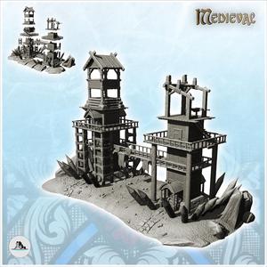 Fortified outpost with two wooden towers and footbridge (2) - DnD Wargaming Medieval War of the Rose Saga