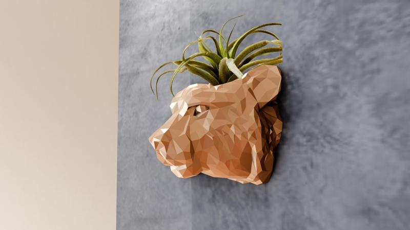 cheetah head wall mount low poly planter pot flower vase stl