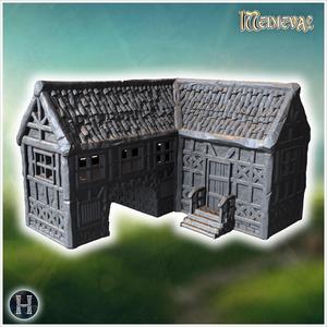 Timber-framed structure with arched openings, multiple windows, and a slanted tiled roof (41) - Medieval Gothic Feudal Old Archaic Saga 28mm 15mm RPG