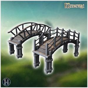 Two wooden bridges with rope railings and curved planks on raised platforms (1) - Medieval Gothic Feudal Old Archaic Saga 28mm 15mm RPG