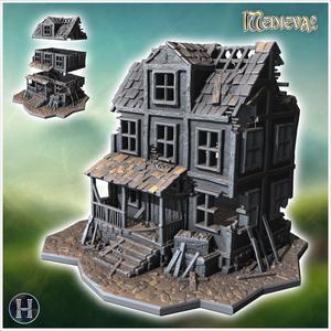 Dilapidated two-story house with broken windows, collapsed roof, and damaged porch (8) - Medieval Gothic Feudal Old Archaic Saga 28mm 15mm RPG