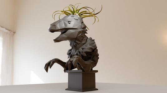 velociraptor dinosaur head bust roaring planter pot flower vase low poly stl