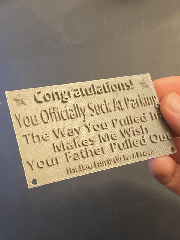 Comical and Edgy Bad Parking Job Award/Handout - Business Card/Wallet Size For Easy Placement (zip tie holes for fun)