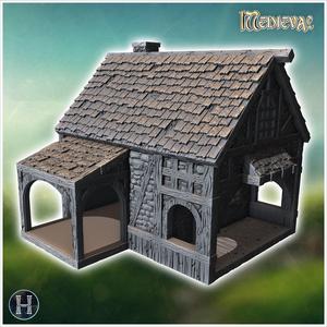Half-timbered house with a steep roof, wooden framework, and a large front porch (40) - Medieval Gothic Feudal Old Archaic Saga 28mm 15mm RPG