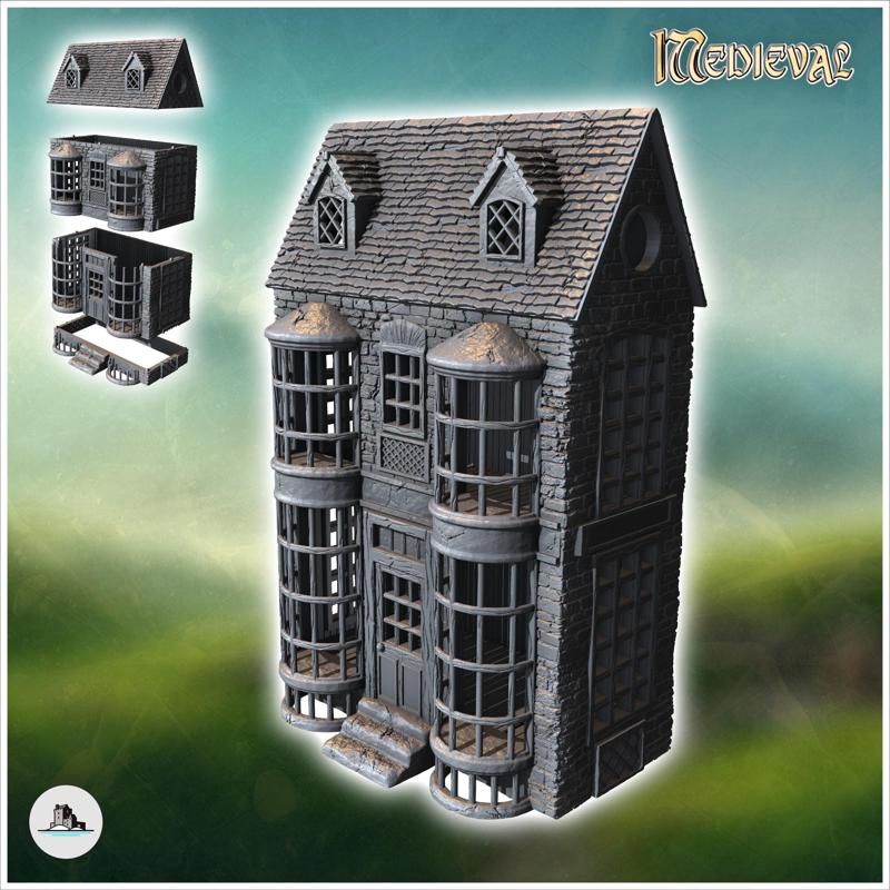 Medieval stone building with storeys, tiled roof and double bay windows (8) - Medieval Gothic Feudal Old Archaic Saga 28mm 15mm RPG