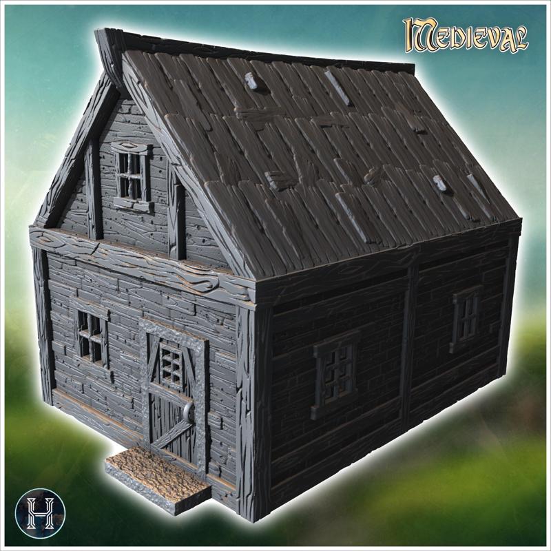 Small wooden house with a steep roof, small windows, and detailed wooden planks (33) - Medieval Gothic Feudal Old Archaic Saga 28mm 15mm RPG