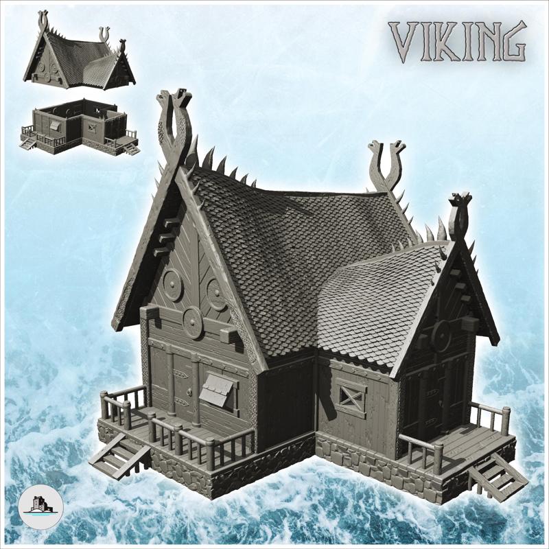Wooden viking house on platform with double stairs and annex (12) - North Northern Norse Nordic Saga 28mm 15mm