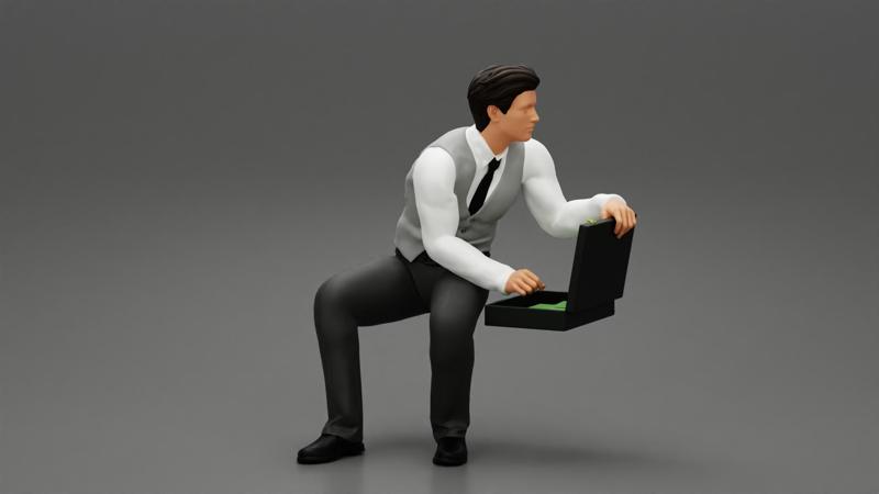 young businessman sitting and holding briefcase of money