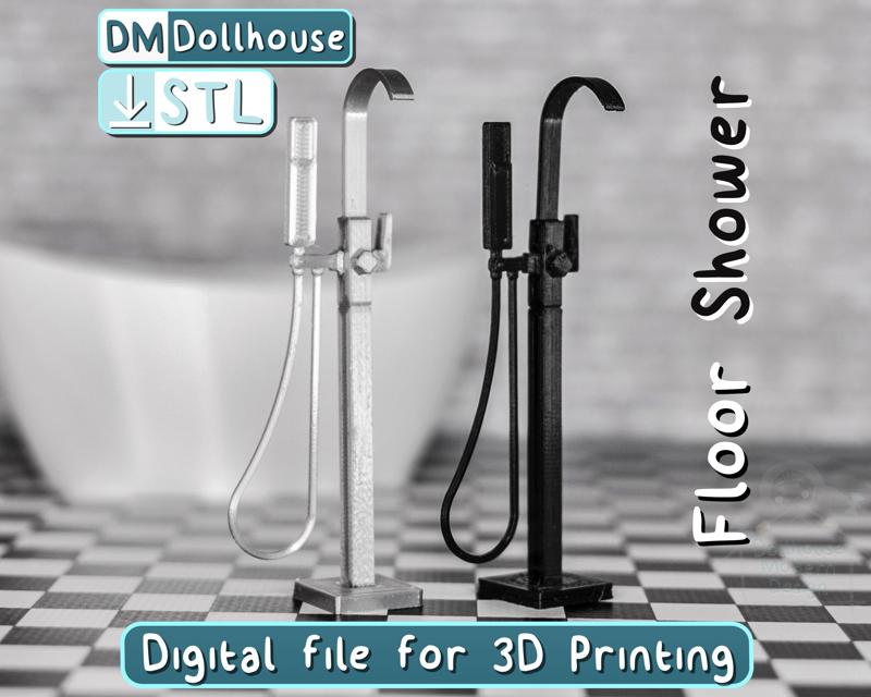 Freestanding bathroom faucet in 1:12 scale. Dollhouse miniature modern floor standing Faucet and Shower in the bathroom