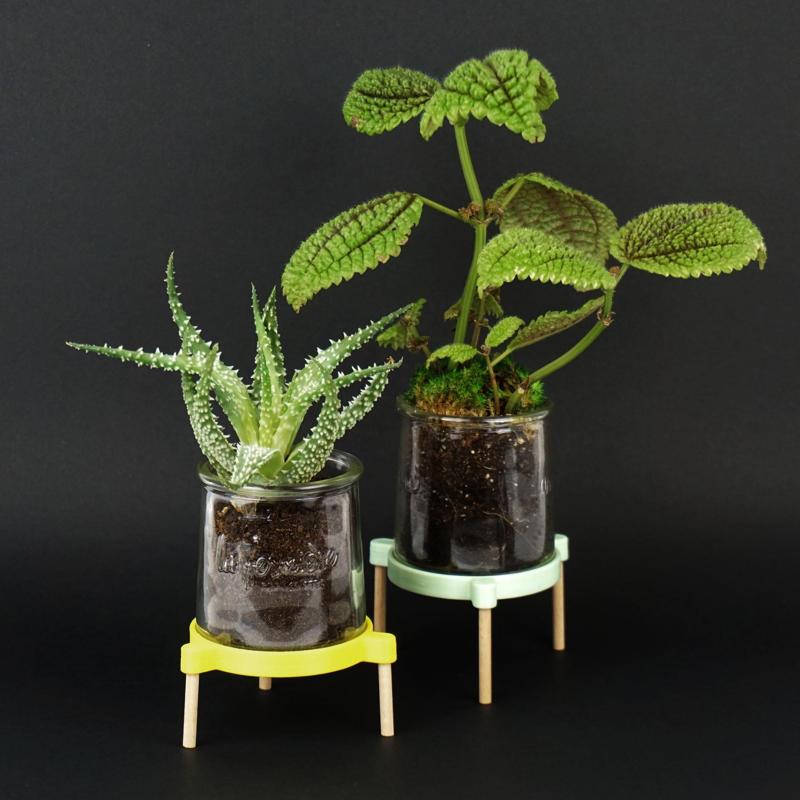 Tripod support for receiving a plant in a glass pot