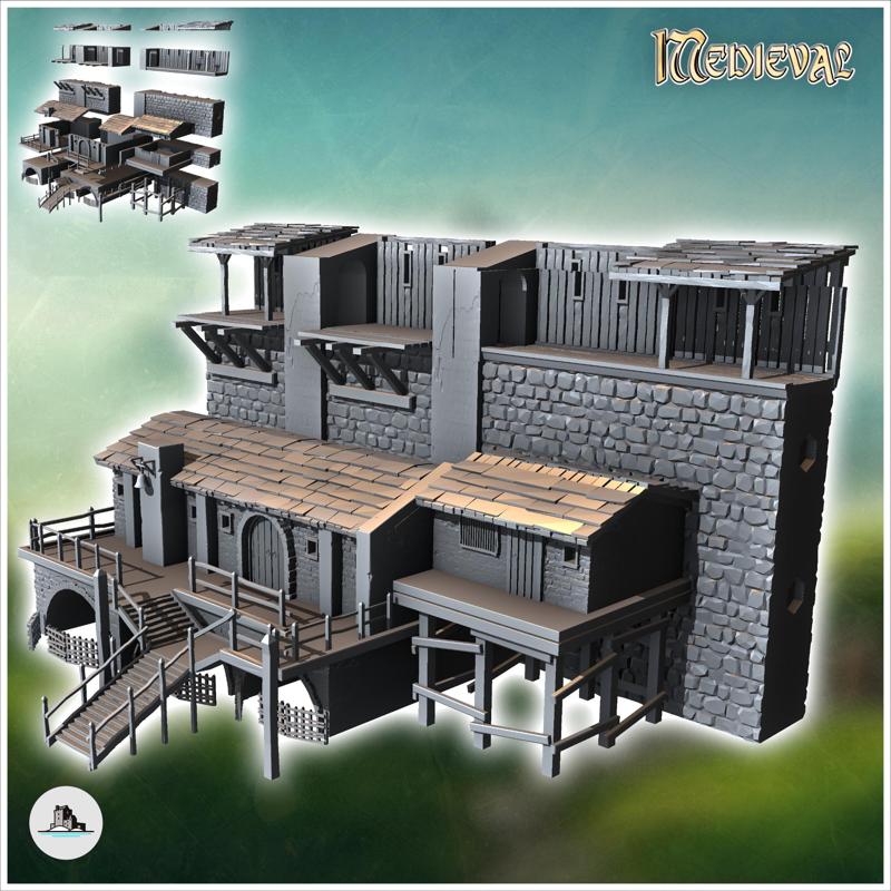 Medieval defensive wall with dwelling (version with house and bell) - Medieval Gothic Feudal Old Archaic Saga 28mm 15mm RPG