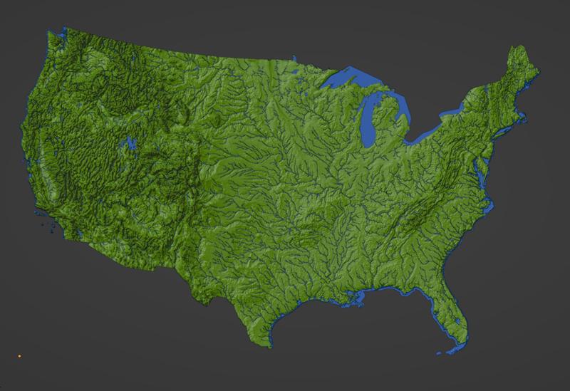 Contiguous USA (Lower 48) Topographic Map with Hydrographic Features + Cura Print Settings Profile