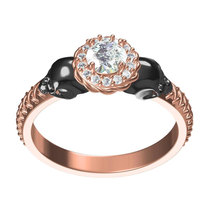 Unique Round Halo Double Skull Engagement Ring