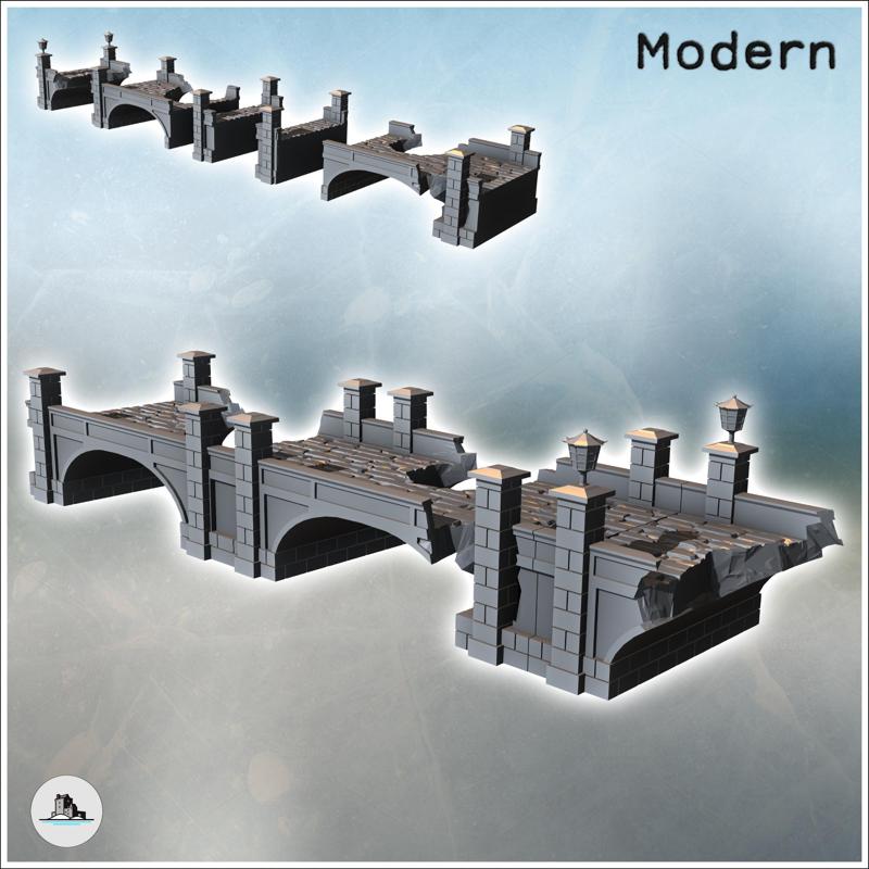 Damaged stone bridge with lamppost and multiple pillars (1) - Modern WW2 WW1 World War Diaroma Wargaming RPG Mini Hobby