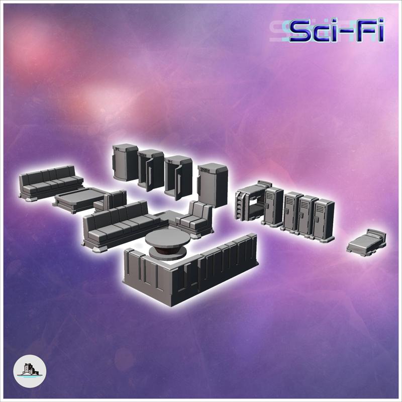Set of futuristic Sci-Fi interior furniture with beds and sofas (8) - Future Sci-Fi SF Post apocalyptic Tabletop Scifi Wargaming Planetary exploration RPG Terrain