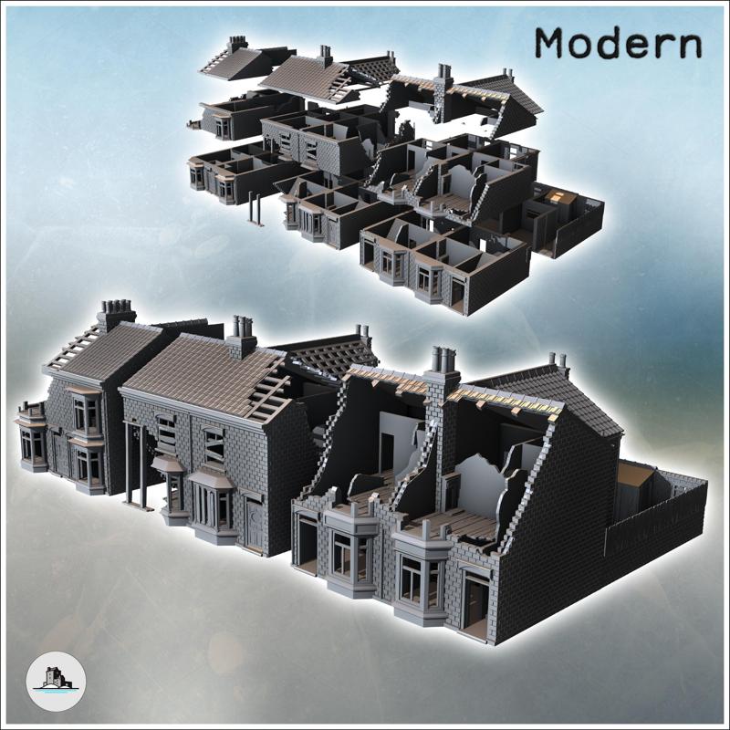 Set of three buildings with large bay windows and a backyard surrounded by a tall wall (ruined version) (20) - Modern WW2 WW1 World War Diaroma Wargaming RPG Mini Hobby