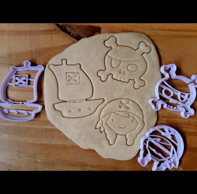 x3 Pirate Girl - Cookie cutter, dough - Sloop Ship, skull cross bones
