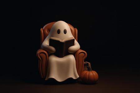 Cozy Ghost Reading in Chair with Pumpkin | Cute Halloween Decoration