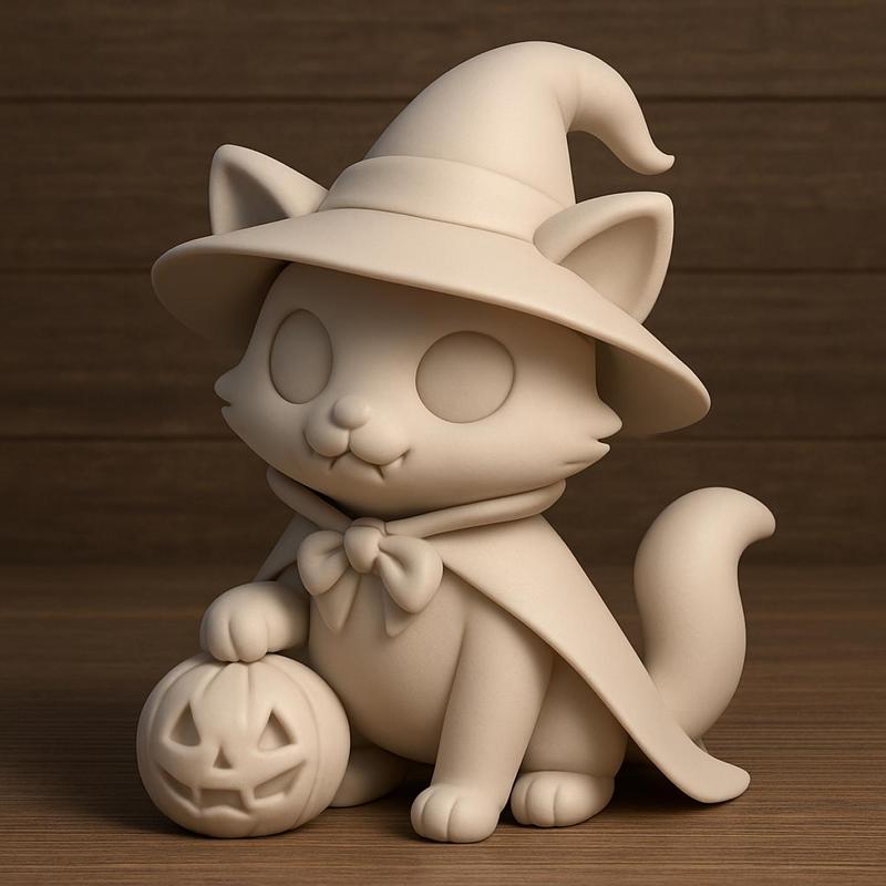 Cat in Witch Costume with Pumpkin 3D Print STL