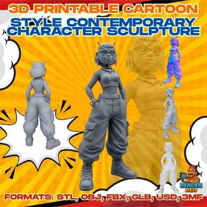 Confident Urban Girl Character Figure with Antenna Hair Glasses and Cargo Pants 3D Printable Model