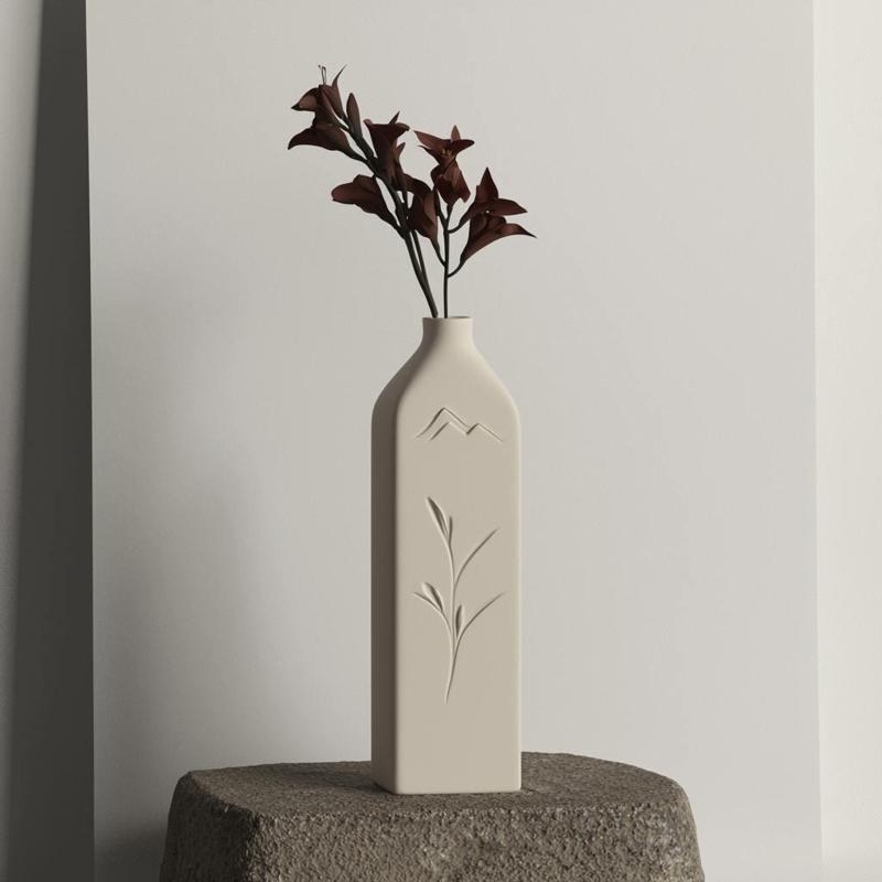 Meadow Peaks Vase – Minimalist Tall Vase with Mountain and Floral Relief