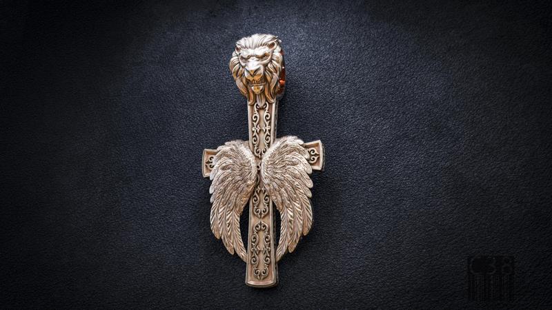 Cross With Lions Head and Angels Wings 3D Model