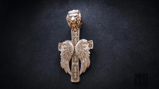 Cross With Lions Head and Angels Wings 3D Model