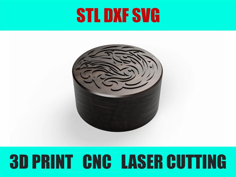 Carved Round Box with Tribal Dolphin Pattern - CNC, Laser, 3D Printed