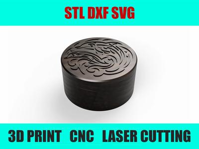 Carved Round Box with Tribal Dolphin Pattern - CNC, Laser, 3D Printed