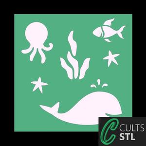 Stencil Baleia Peixes Mar - 10x10cm