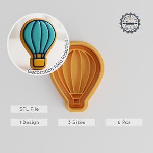 Hot Air Balloon Cutter & Stamp Set, Sky Adventure, Travel Theme, Cookie & Fondant Decor, 3 Sizes, 6 Pieces