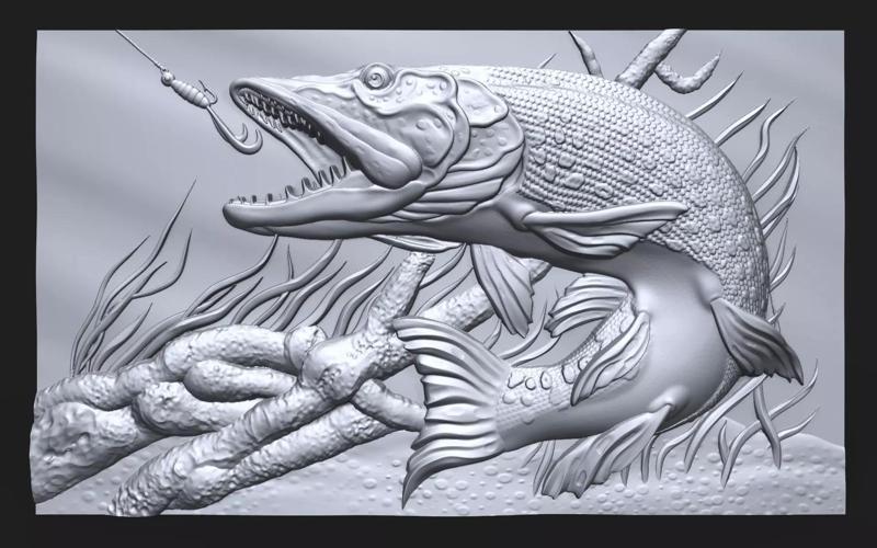 Pike fishing bas relief for CNC