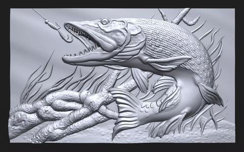 Pike fishing bas relief for CNC