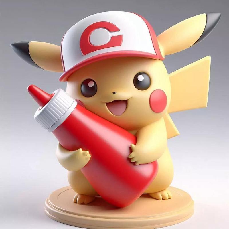 Pikachu Wearing  Ash Cap  Holding Ketchup Bottle