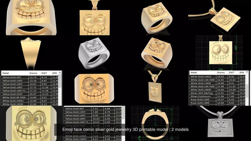 Emoji face comic silver gold jewwelry 3D printable model 3D Model Collection