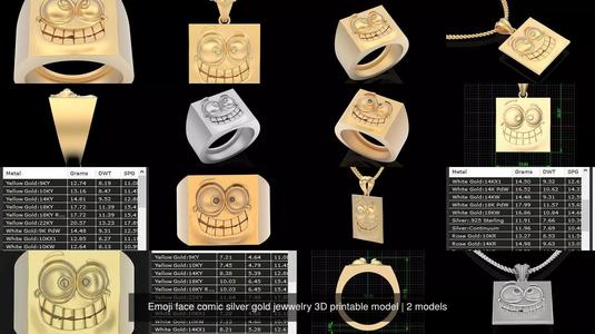 Emoji face comic silver gold jewwelry 3D printable model 3D Model Collection