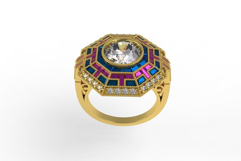 Diamond and Onyx and Coral Ring