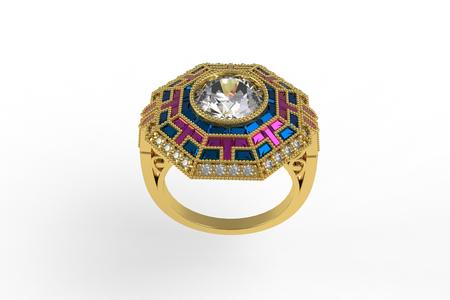 Diamond and Onyx and Coral Ring