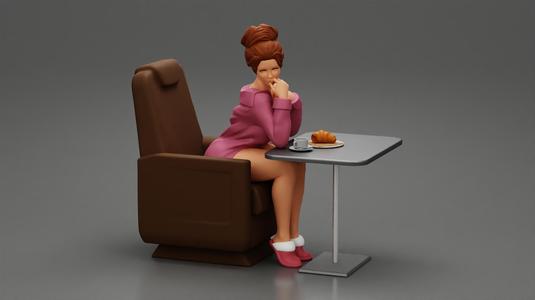 2 Models - Girl in long shirt sitting and enjoying breakfast on airplane first class