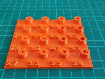 Hole tester with 3D text showing intended inner diameters