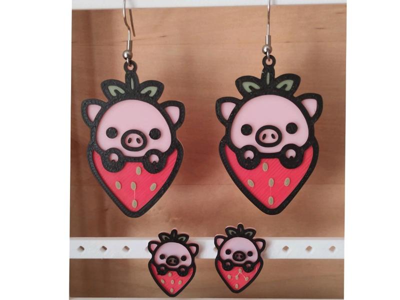 Strawberry Piggy earrings - Pig & Fruit series