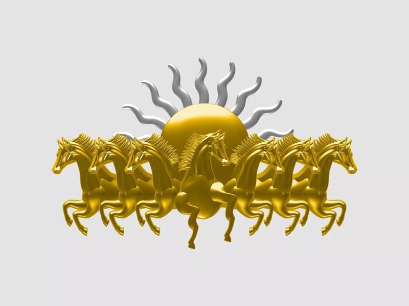 7 horse stl golden with sun behind it