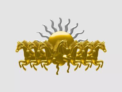 7 horse stl golden with sun behind it