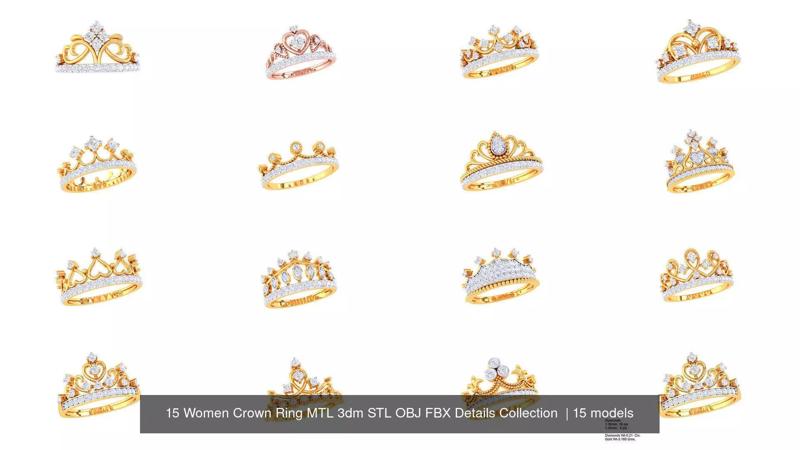15 Women Crown Ring MTL 3dm STL OBJ FBX Details Collection