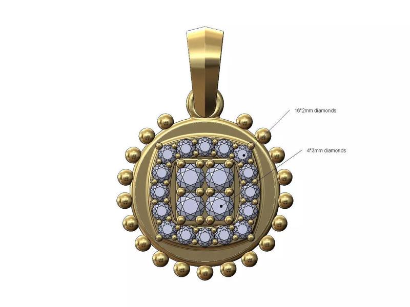 Beaded coin diamond square cluster pendant with bail