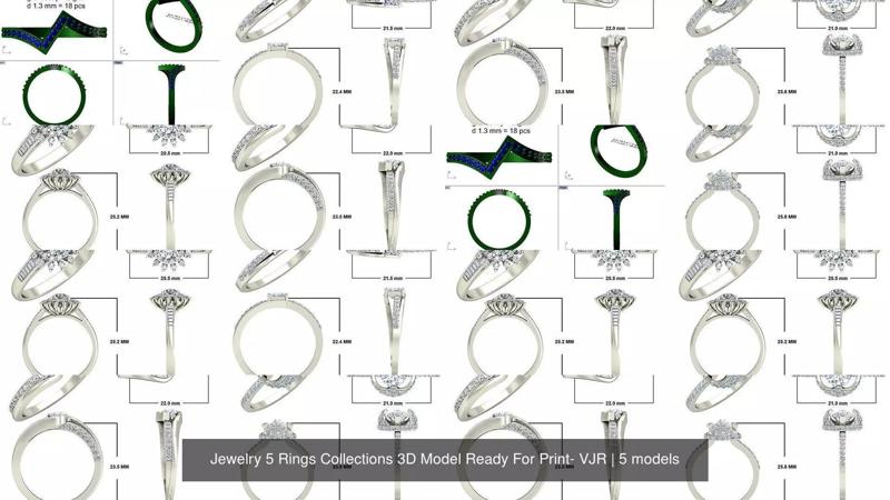 Jewelry 5 Rings Collections 3D Model Ready For Print- VJR