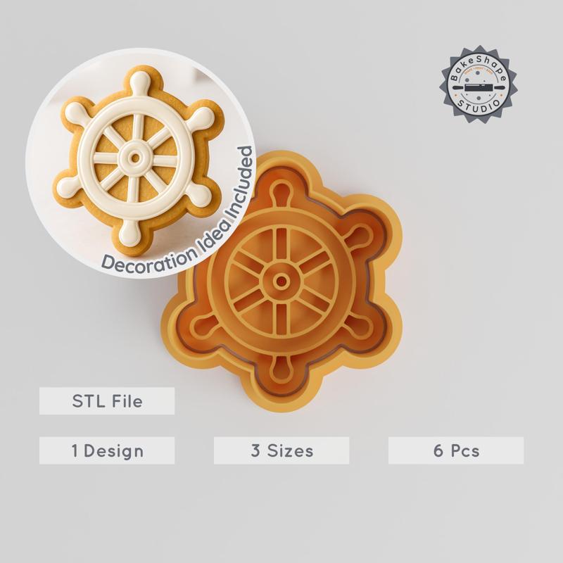 Pirate Steering Wheel Shape Cutter & Stamp, 3 Sizes, Cookie & Fondant Nautical Ship Helm Design Set
