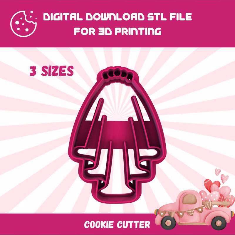 Cutty clay stl bride wedding veil cookie cutter, 3 sizes stl file for 3d printing