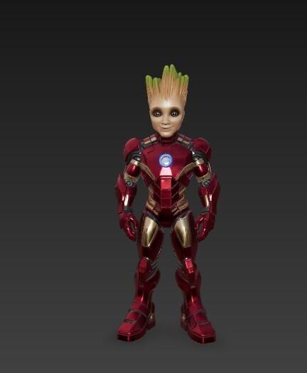 groot figurine in iron man armor