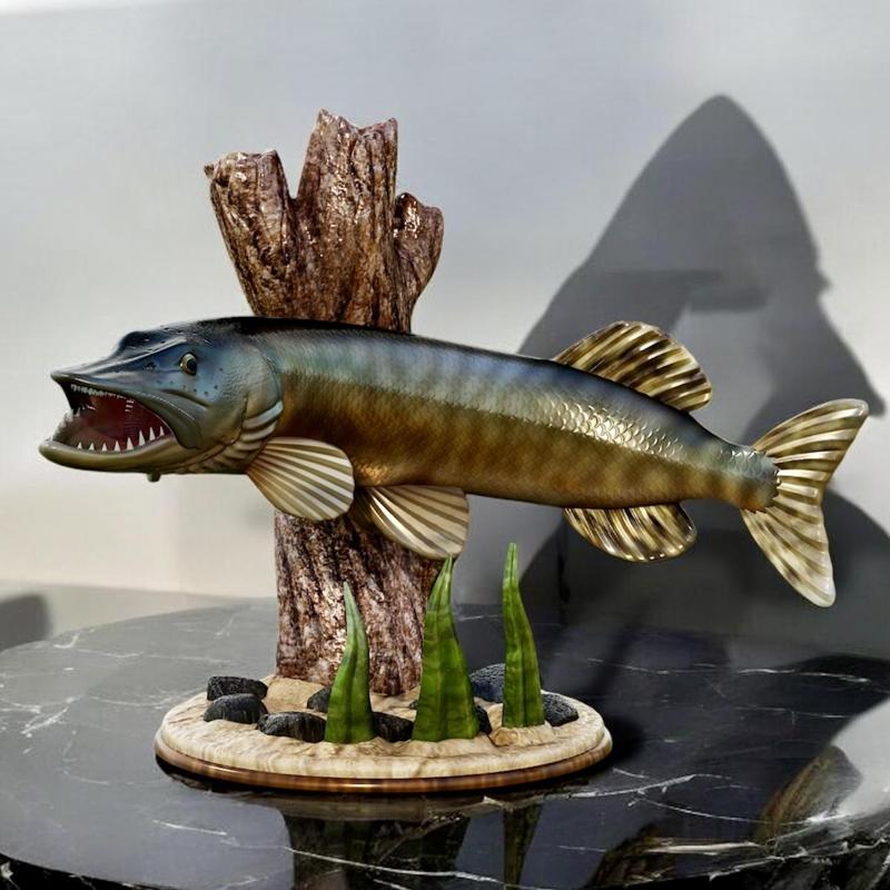 fish Northern pike / Esox lucius fish in motion sculpture underwater detailed texture for 3d printing